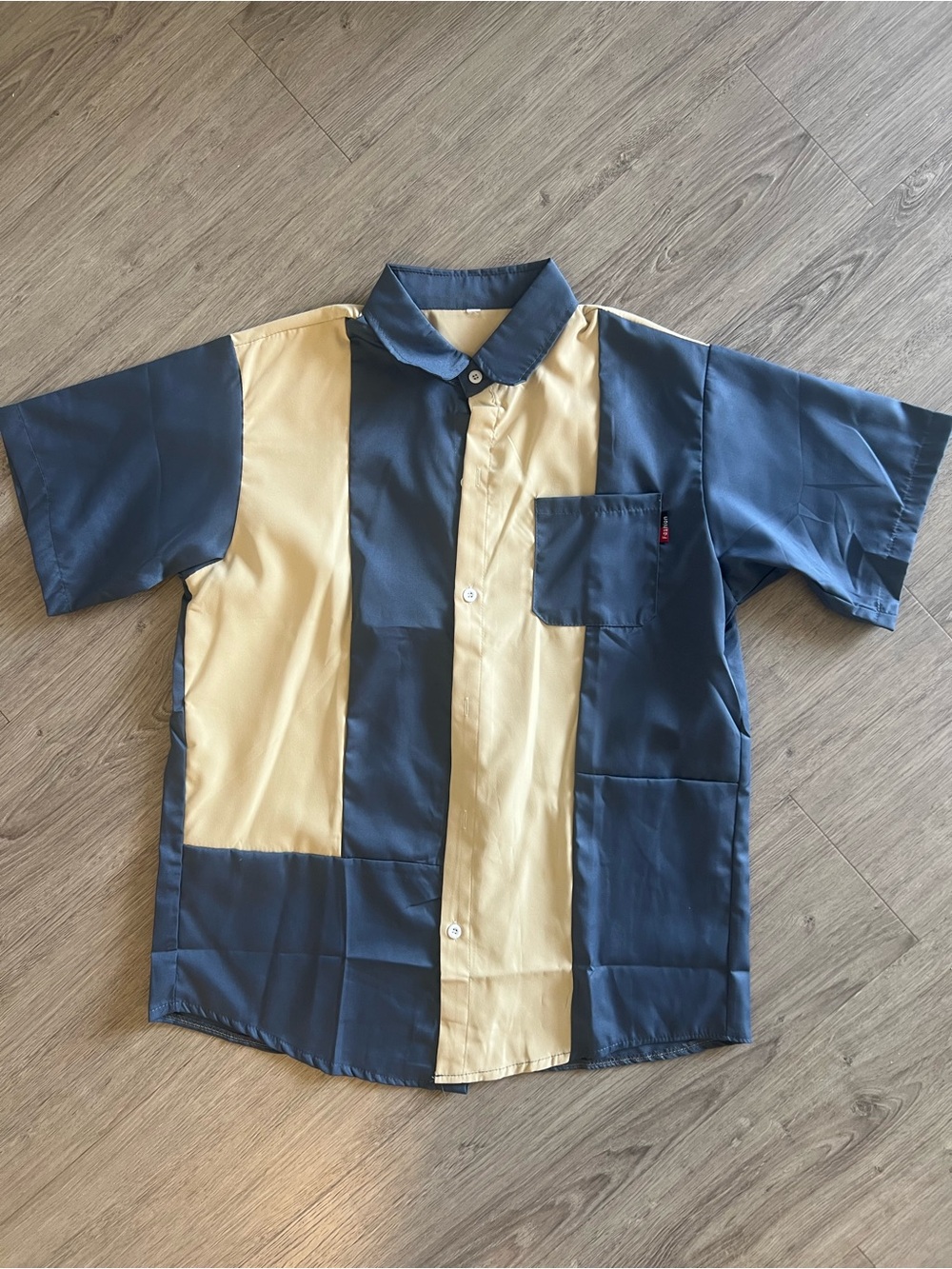 Men’s Navy Tan Vertical Stripe‎ Short Sleeve Button-Down Shirt Casual Summer Top